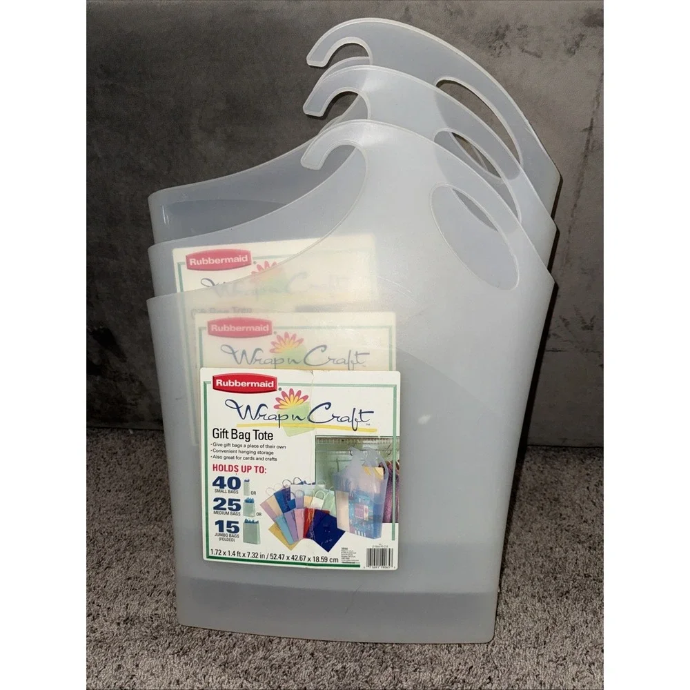 Set of 3 Rubbermaid Wrap n Craft Gift Bag Totes Clear Stackable Hanging 2003 USA